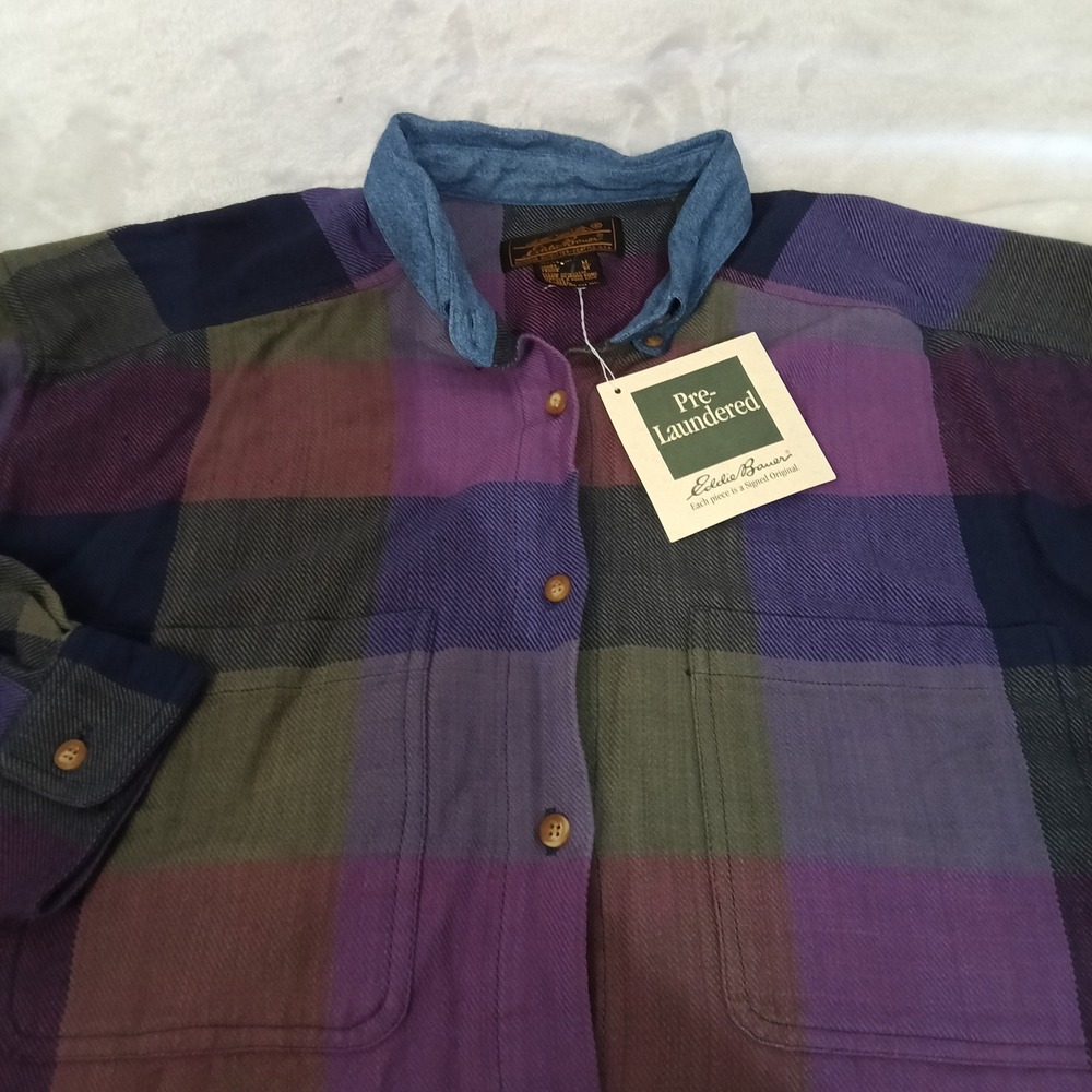 Vintage Eddie Bauer Womens M Plaid Flannel Shirt Purple Green Denim Collar NWT